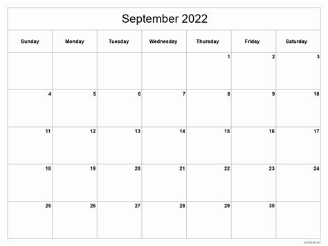 Printable Calendar Template September 2022